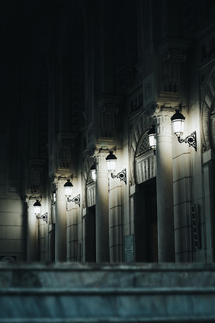 Lights Over Building Columns At Night