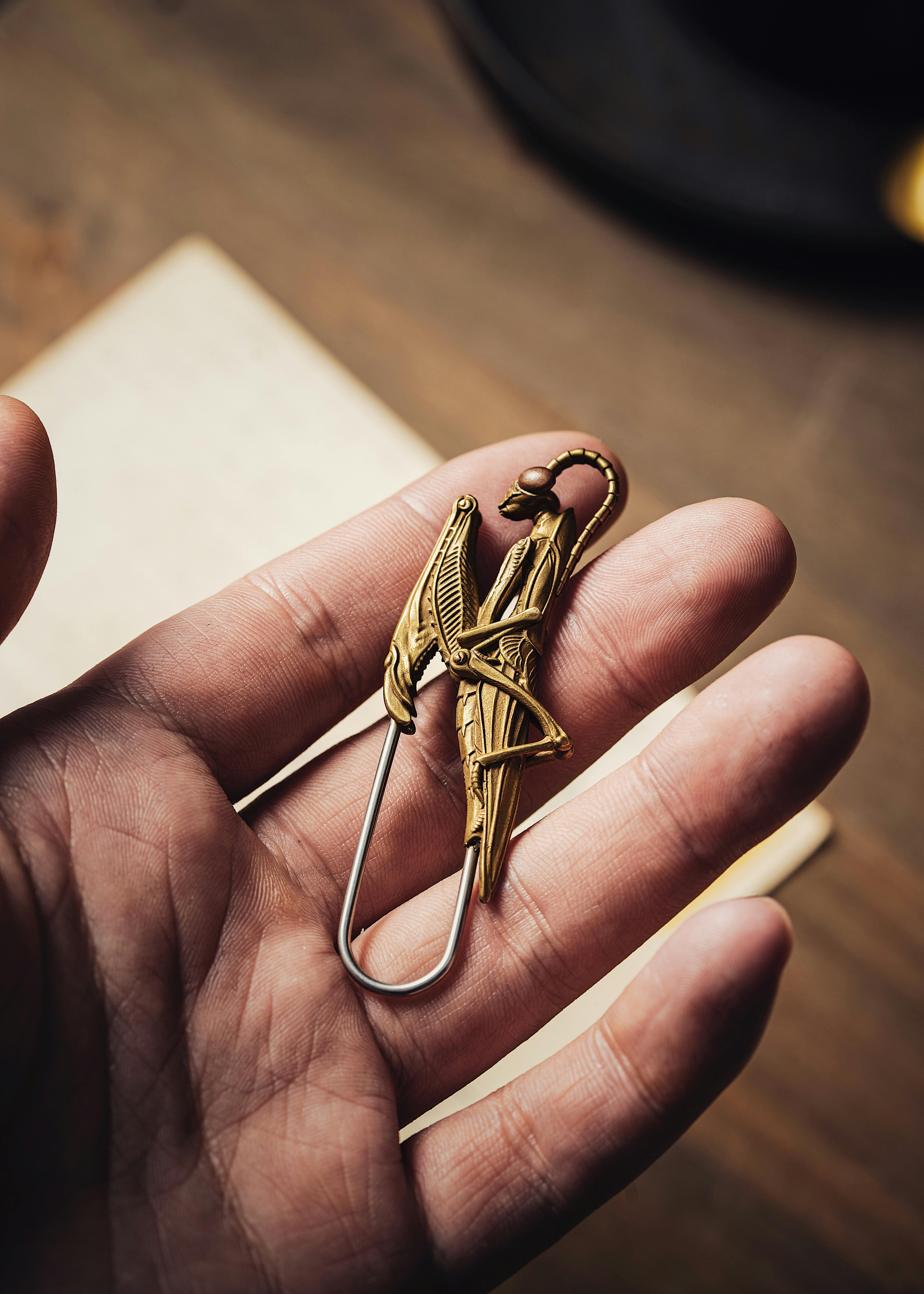 A detailed golden mantis shaped pin held in human hand with soft focus background.