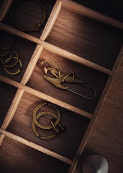 Top view of a wooden compartment holding various keychains and accessories.