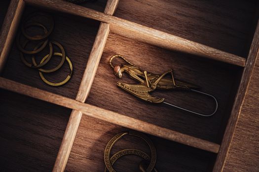 Intricate metal brooch shaped like an insect displayed in a wooden drawer.