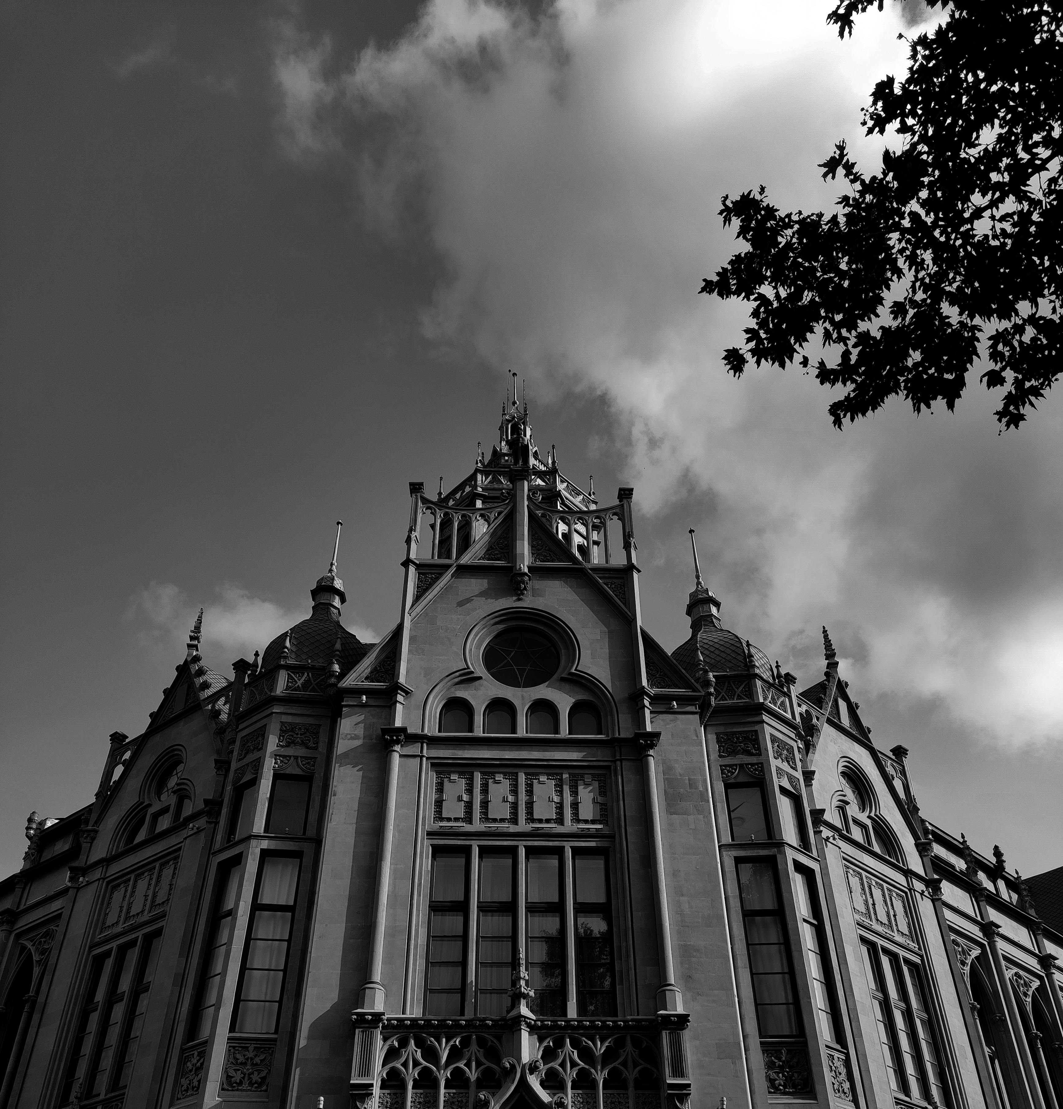 Black and white photo of Gothic Revival architecture in Baku, Azerbaijan monument.