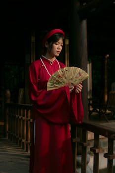 Woman in traditional Asian dress holding a decorative fan on a wooden veranda.