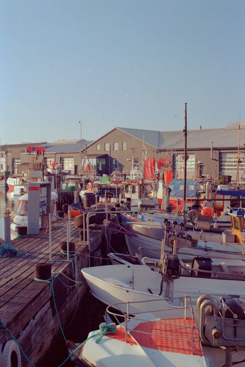 Free A peaceful harbor with moored boats and a sunlit dock, ideal for travel or leisure themes. Stock Photo