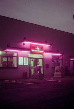 A vibrant neon-lit nightclub entrance with pink lights creating a moody atmosphere at night.