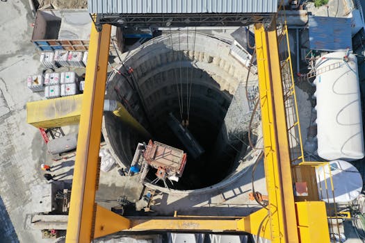 A high-angle view of a borehole and construction equipment in Istanbul, Turkey.