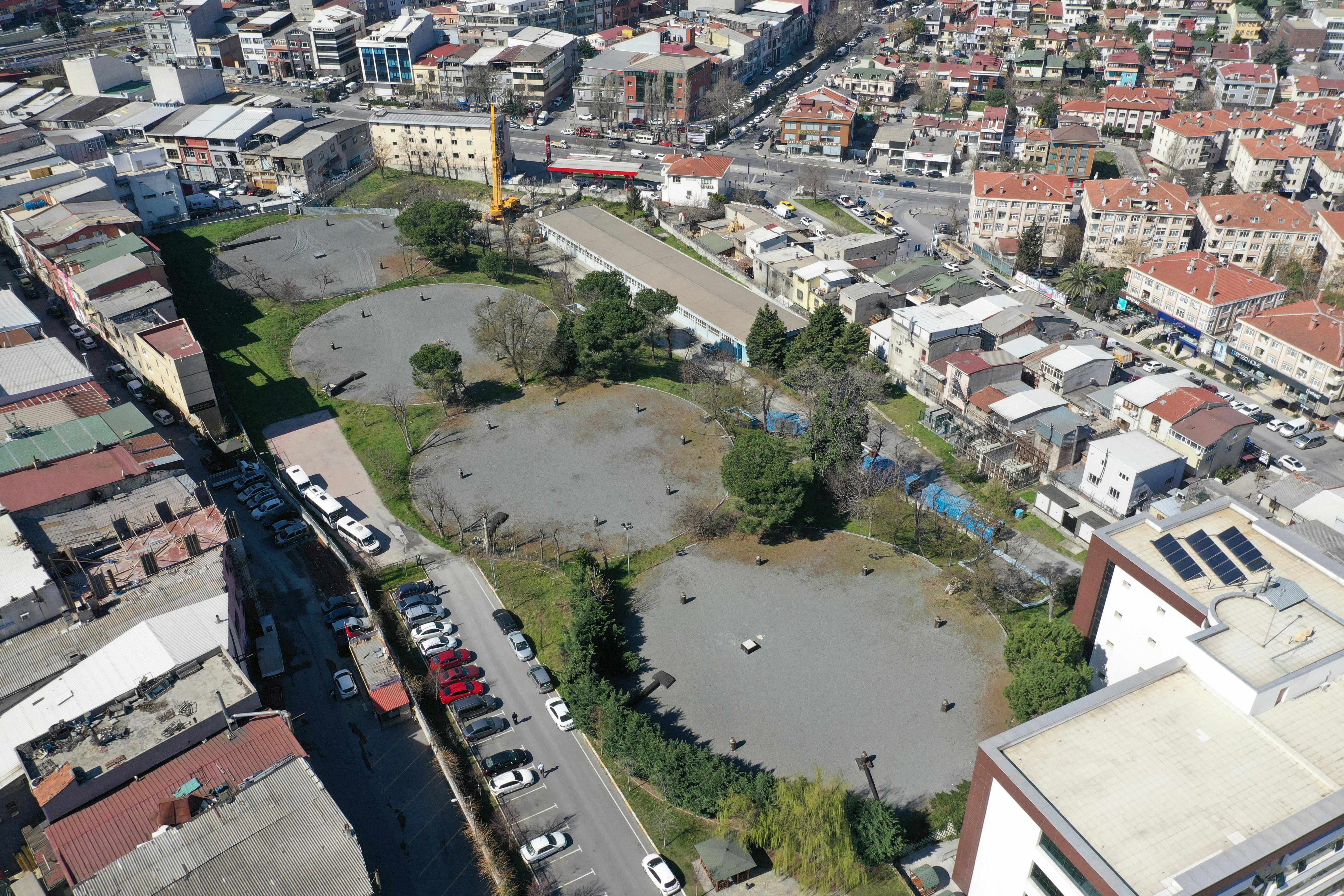 High-angle aerial view of Eyüpsultan district, Istanbul, showcasing urban landscape and parks.