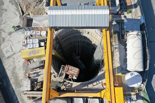 High-angle aerial shot of a sunlit borehole construction site with industrial equipment in Istanbul.