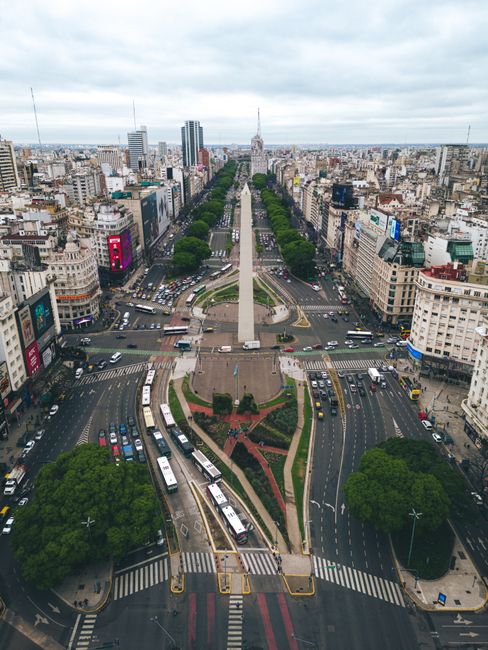 A stunning aerial shot of Buenos Aires cityscape centered on the iconic Obelisco de Buenos Aires.