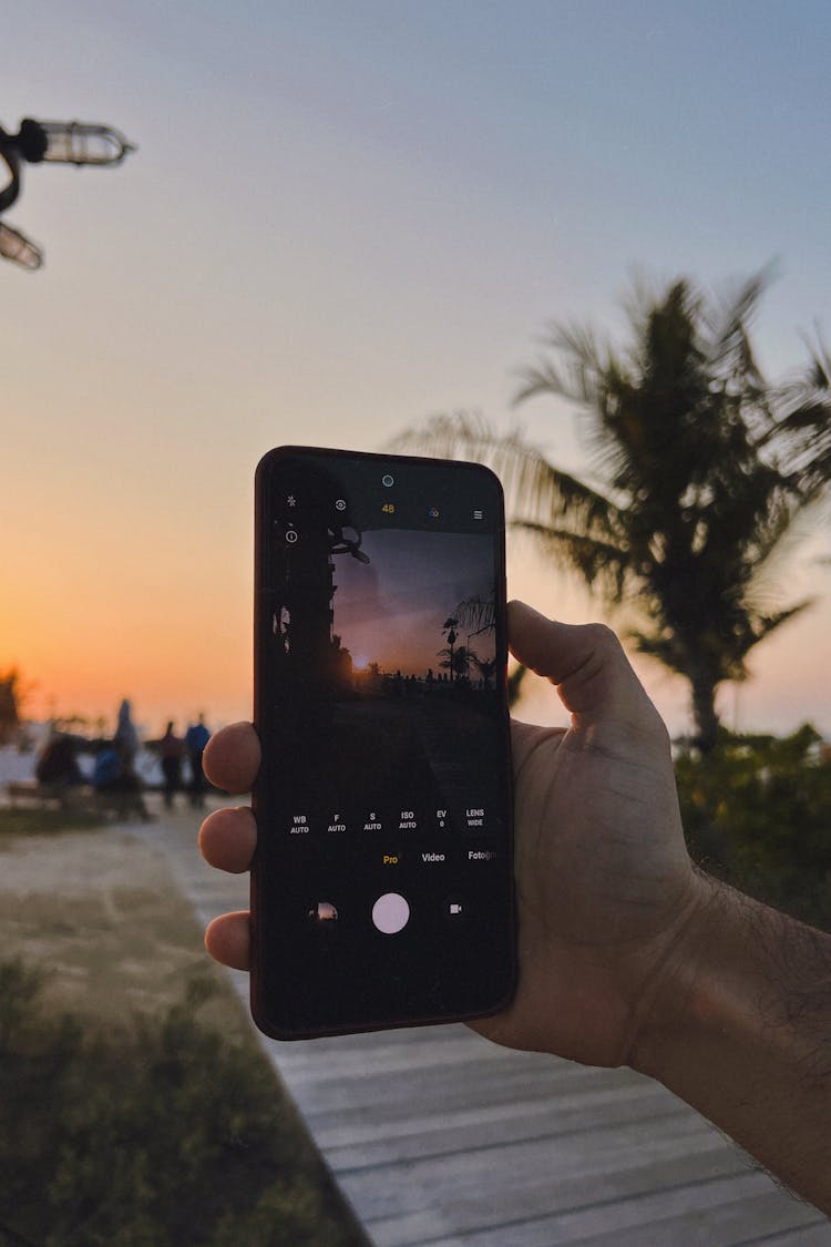 Hand Holding Cellphone And Taking Pictures At Sunset