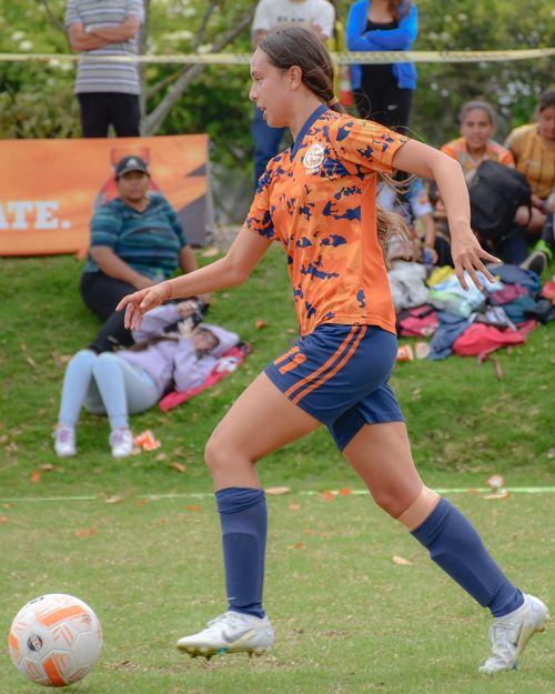 Free A female teenager in sports clothing playing soccer on a green grass field during a match. Stock Photo