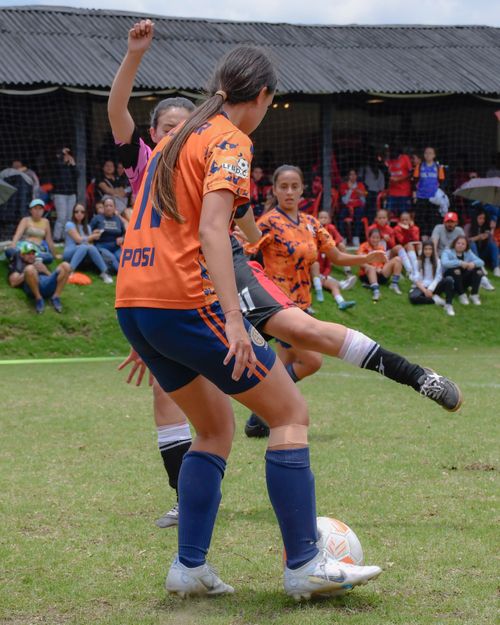 Free Dynamic action shot of a women's soccer game with players competing on the field. Stock Photo