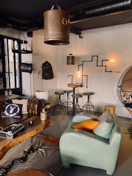 Explore a stylish loft interior featuring industrial design elements and modern decor.