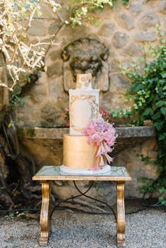Lavish three-tier wedding cake adorned with pink flowers set against a rustic stone backdrop.