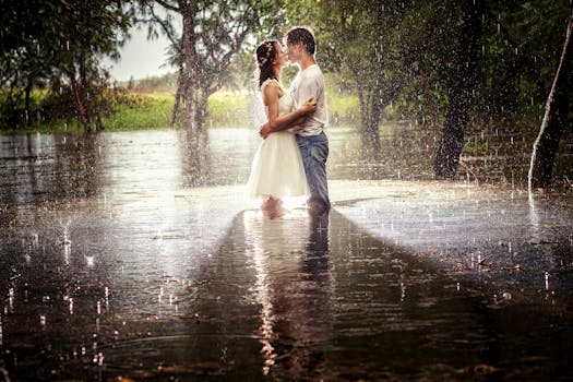 A romantic moment of a couple embracing under the rain in a serene forest setting.