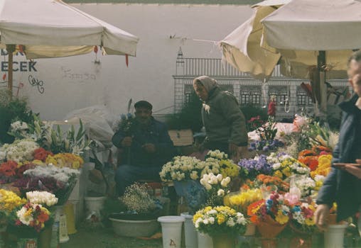 A bustling flower market in İstanbul showcasing vibrant blooms and local vendors.
