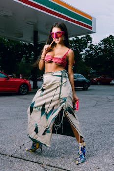 Stylish woman in a skirt and heels, posing with sunglasses at an outdoor gas station.