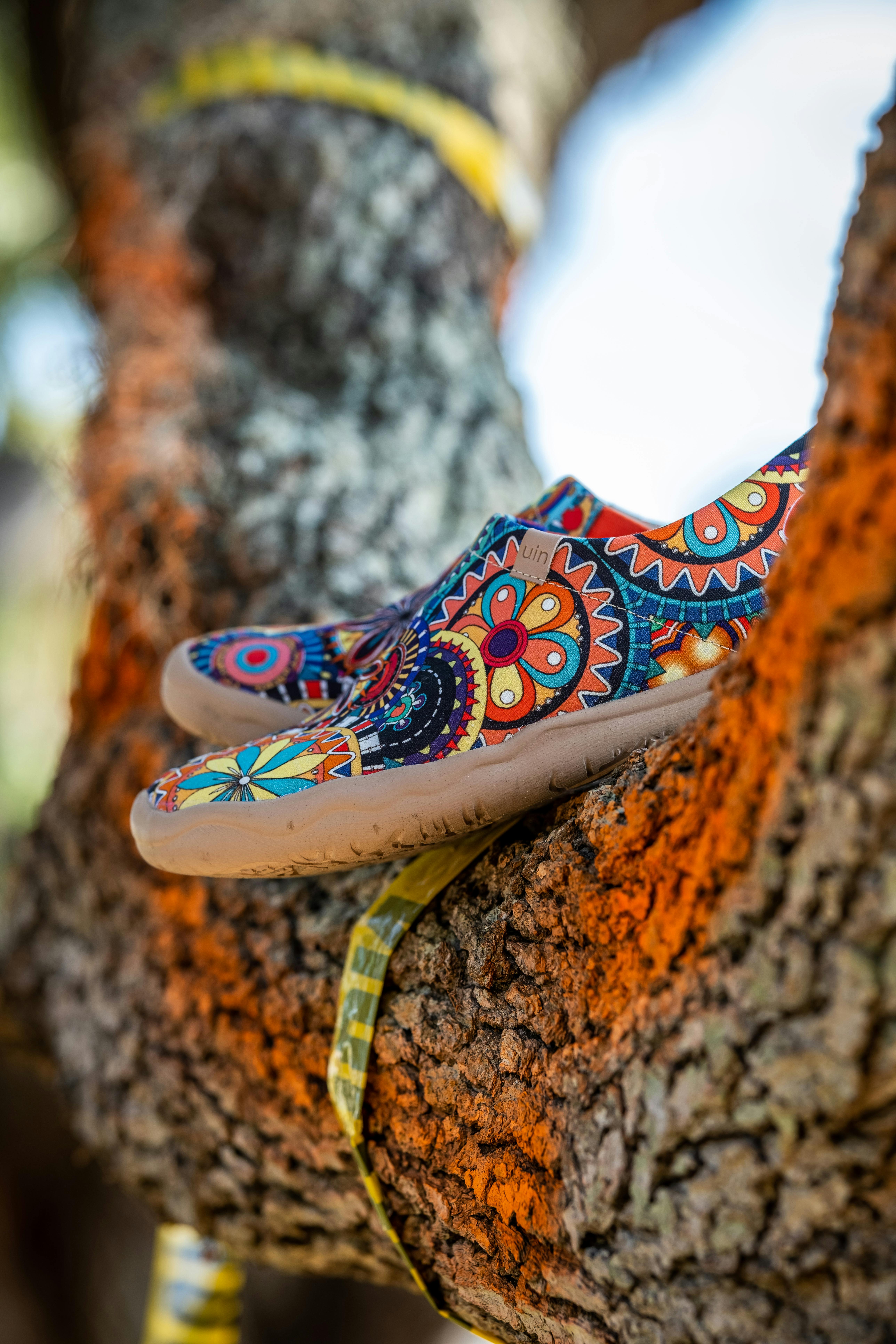 Vibrant shoes with intricate designs resting on a textured tree outdoors.