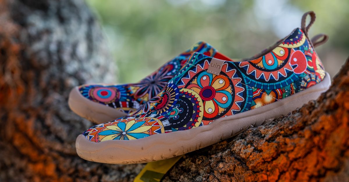 Colorful slip-on sneakers with intricate patterns displayed on a tree branch outdoors.