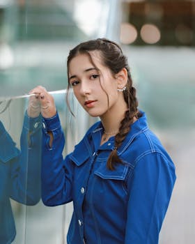 Woman in blue jacket posing by glass wall with serene expression.