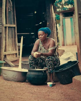 African woman prepares food outdoors using traditional methods, demonstrating cultural heritage.
