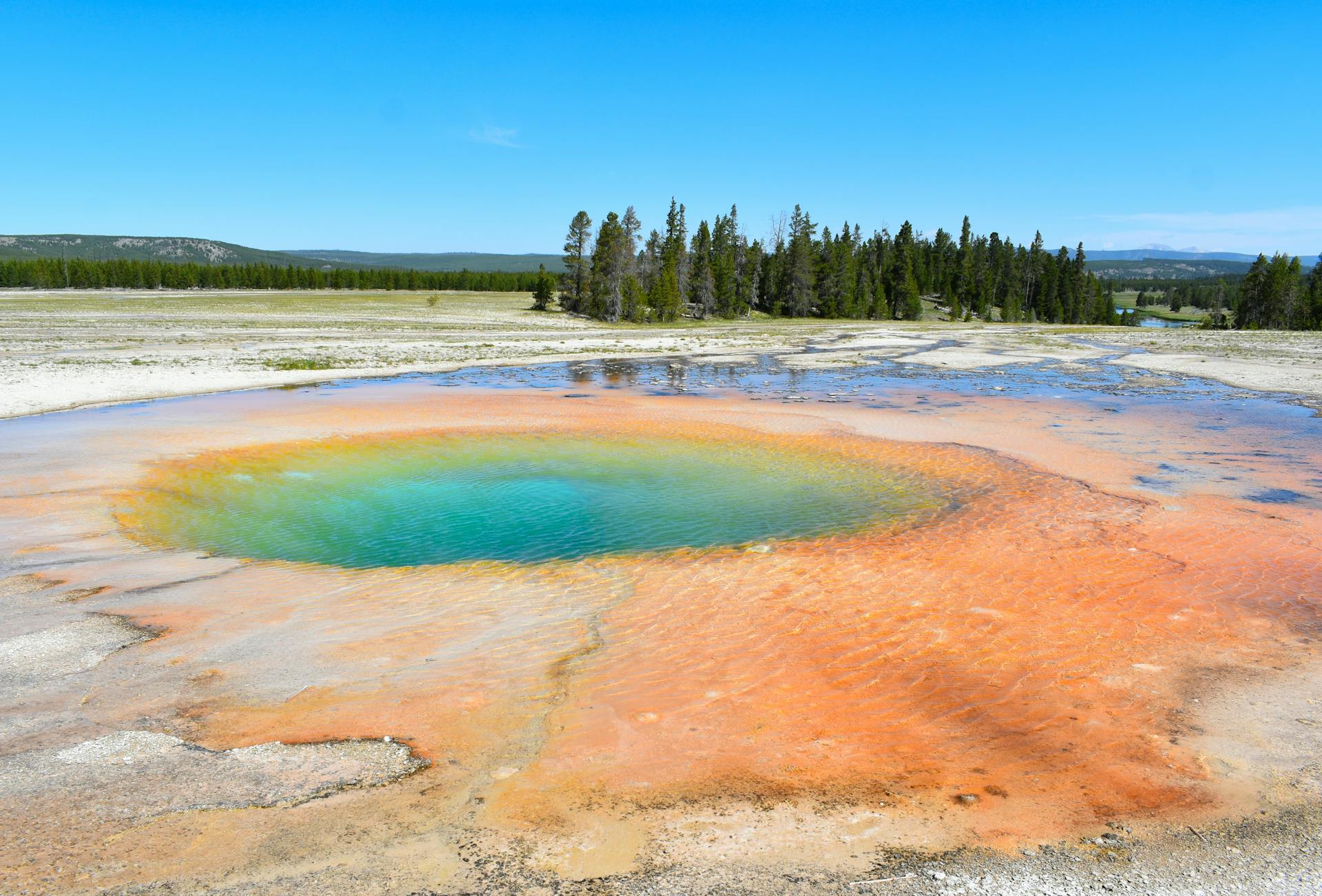 Vibrant geothermal Opal Pool in Yellowstone, showcasing colorful mineral deposits and clear skies.