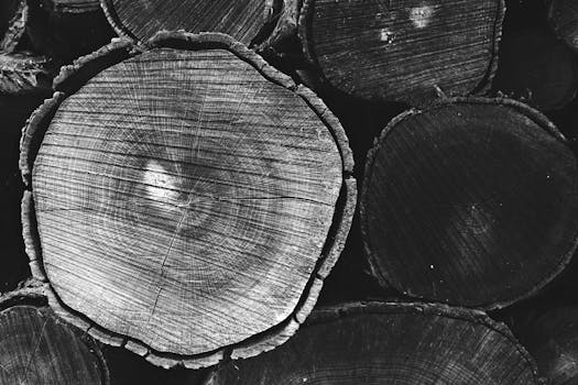 Detailed black and white image of stacked logs showcasing tree rings and textures.