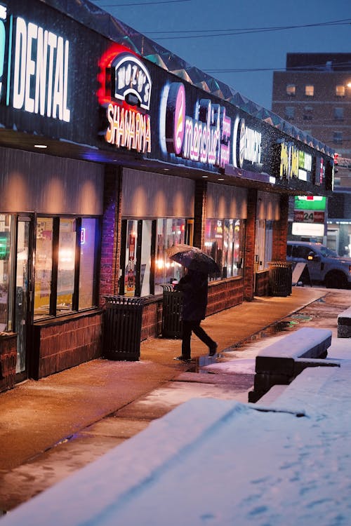 Passerby with an Umbrella in Front of the Restaurants on a Winter Evening