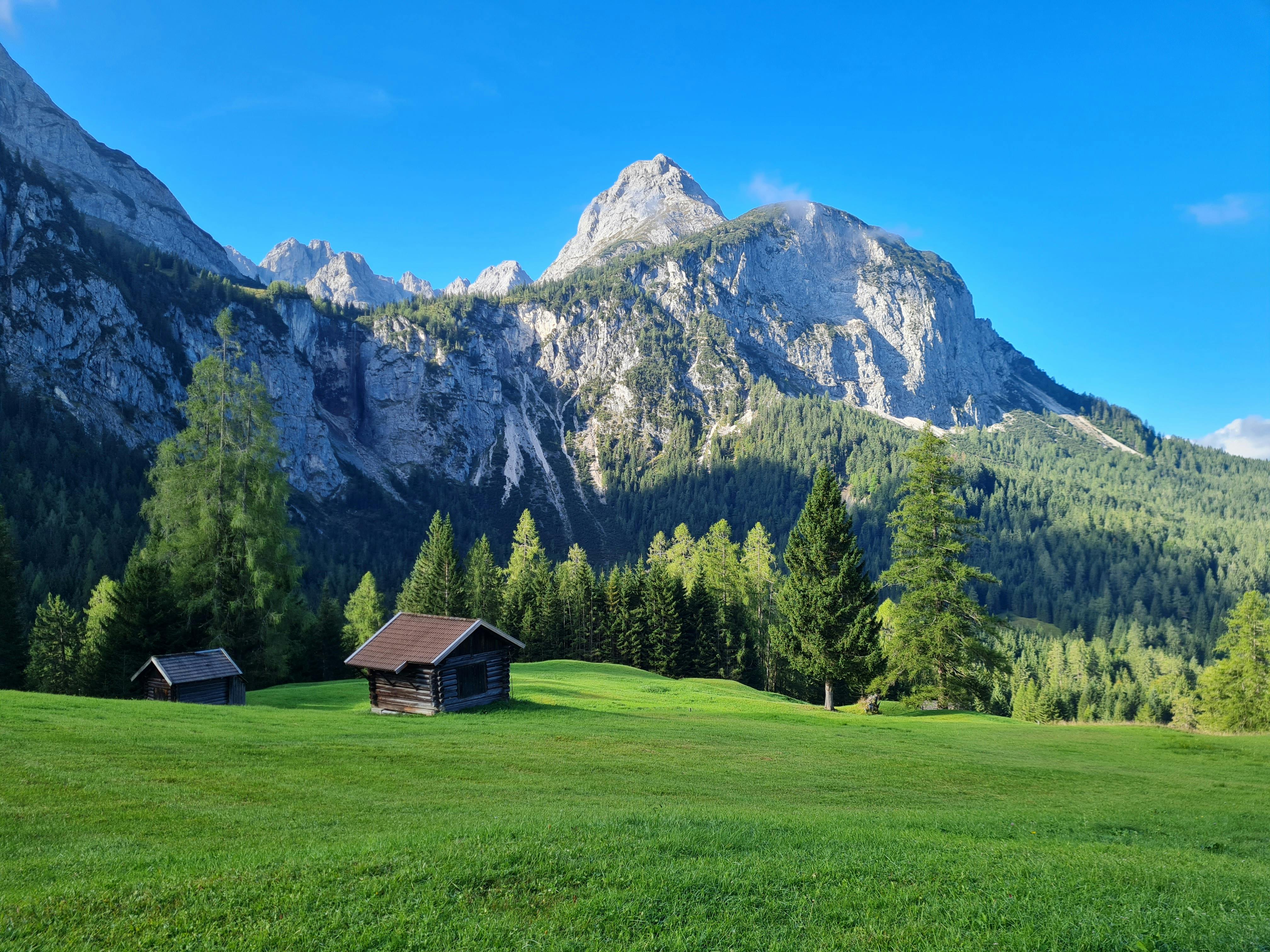Breathtaking alpine landscape with cottages and lush forest against majestic mountains.