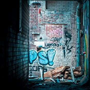Abandoned alley showcasing vibrant graffiti on a dilapidated brick wall.