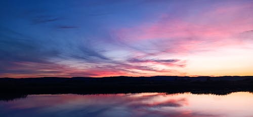 Panoramic View of a Pink Sunset Sky Reflecting in the Lake 