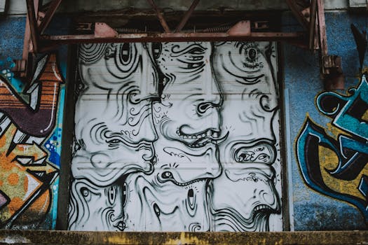 工业墙上错综复杂的涂鸦艺术品展示了城市充满活力的色彩和创造力