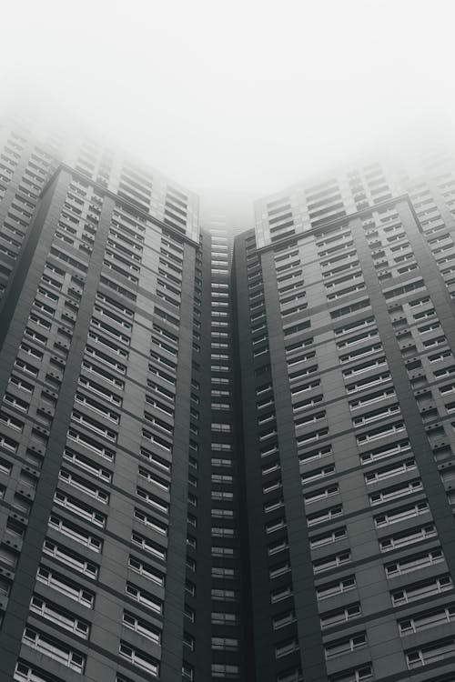 A black and white photo of tall buildings in the fog