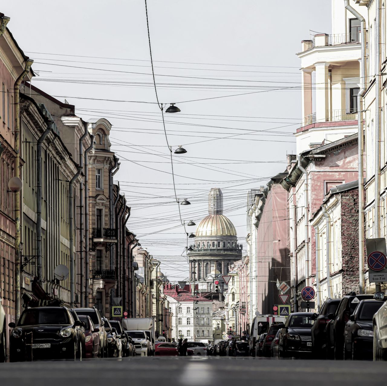 scenic view of st petersburg street with st isaac s cathedral in the b