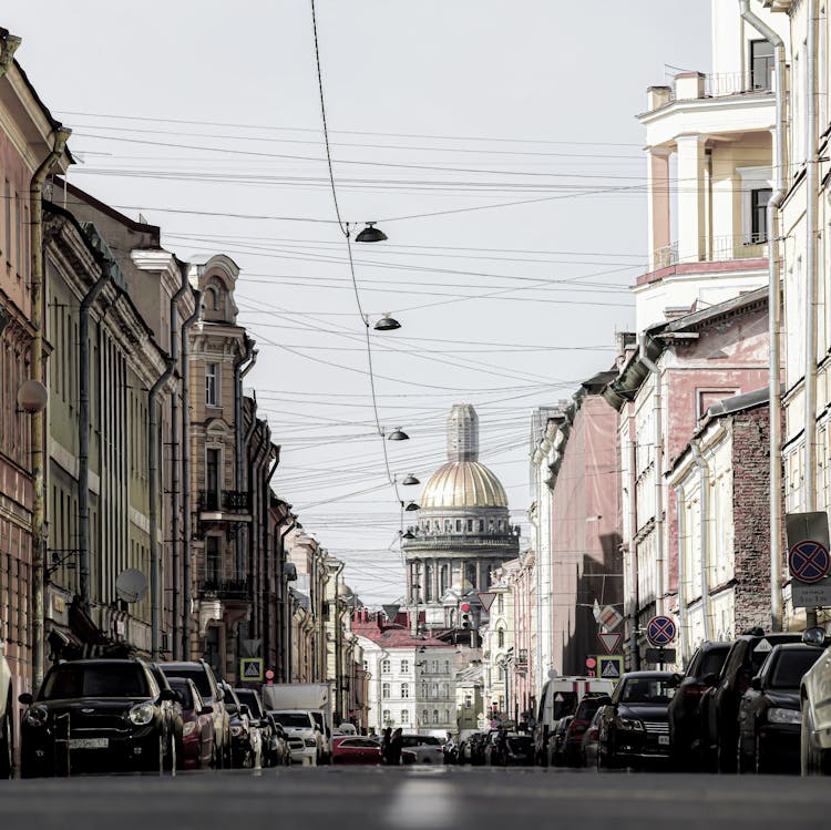 St Isaacs Cathedral Behind Street In St Petersburg