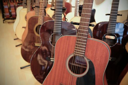 Free A collection of acoustic guitars beautifully displayed in a music store setting. Stock Photo