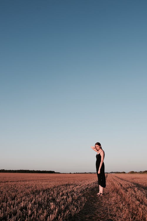 Woman in Black Dress Standing in Field