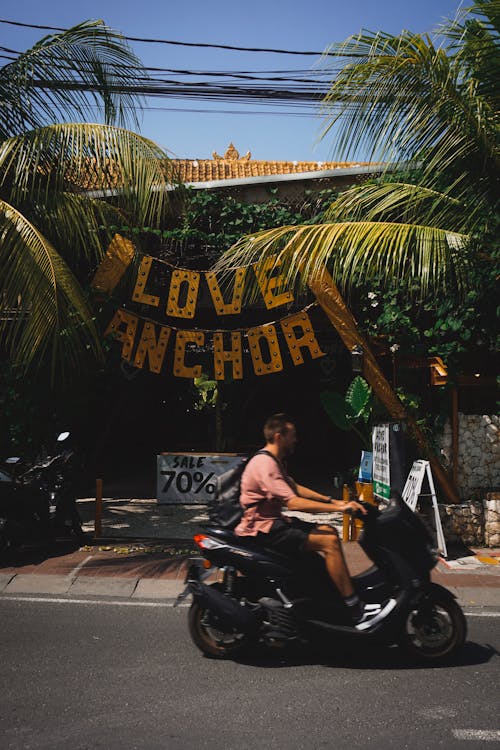 Text on Palm Trees behind Man on Motor Scooter