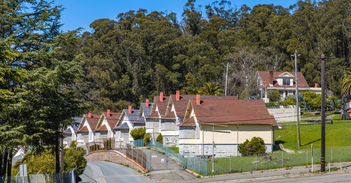 Row of vintage houses beside a serene forest backdrop on a sunny day.
