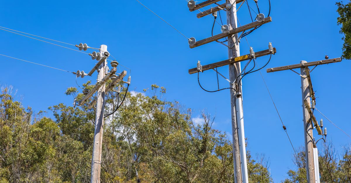 Photo by Robert So Wooden utility poles with power lines and a blue sky backdrop. Ideal for energy and utility themes.