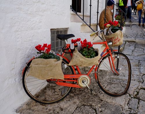 Free A vintage orange bicycle adorned with red flowers on rustic pavements against a white wall. Stock Photo