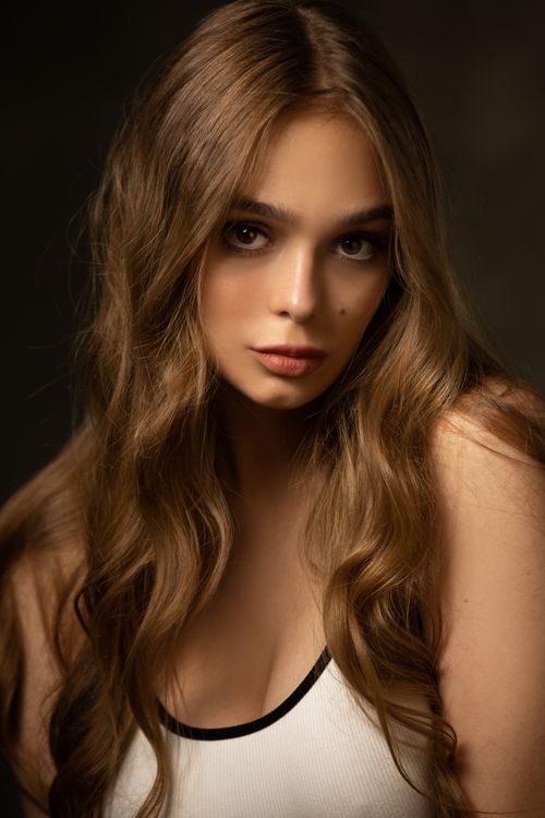 Free Beautiful portrait of a young woman with long brown hair on a dark background. Stock Photo