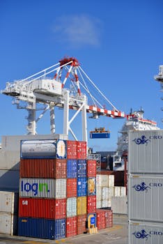 Colorful shipping containers stacked in a busy port with cranes overhead.