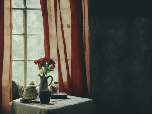 Free A still life composition with red roses, teapot, and a mug by a window with red curtains, creating a warm ambiance. Stock Photo