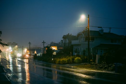 Moody urban street scene on a rainy night with streetlights reflecting on wet pavement.