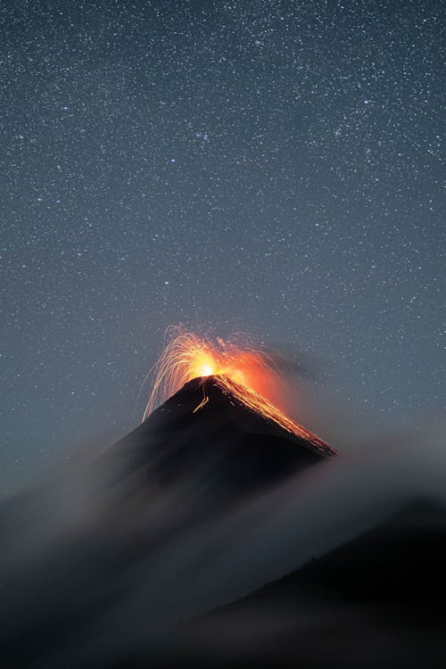 Volcano Eruption at Night