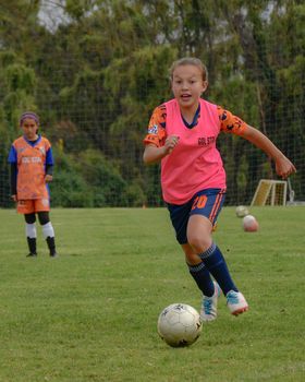 Energetic young girls engaged in a soccer match on a grassy field, showcasing teamwork and athleticism.