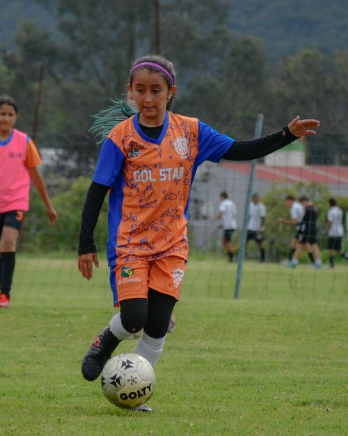 Free Young girl dribbling a soccer ball during a match on a grassy field. Stock Photo
