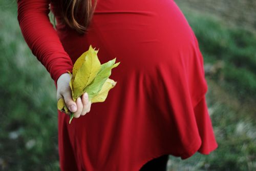 Free A pregnant woman in a red dress holding yellow leaves outdoors, symbolizing autumn and maternity. Stock Photo