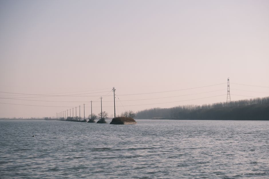 Electricity poles crossing a tranquil river with a forested horizon on a clear day.