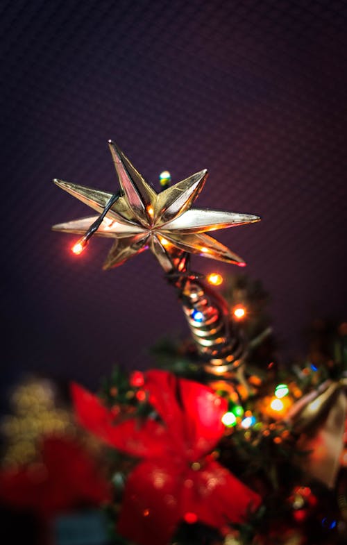 Beige Star Tree Topper Dengan String Lights